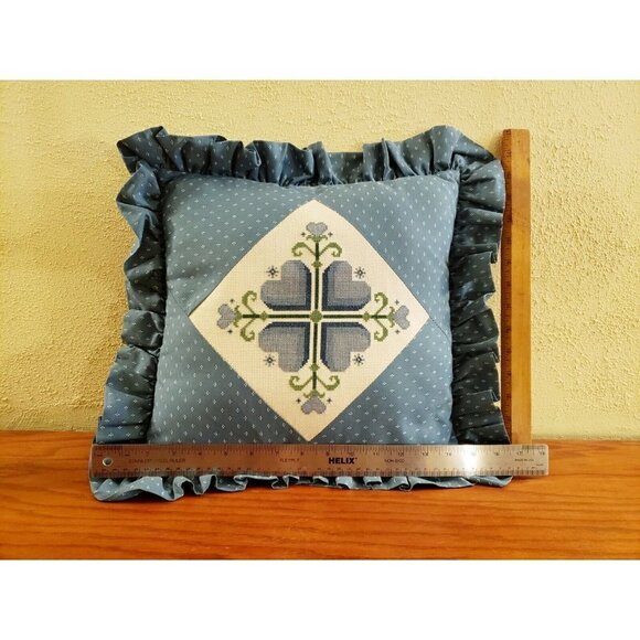 Vintage Needlepoint Petit Point Hearts Ruffle Pillow Farmhouse Cottage 15 x 16 - Picture 3 of 4